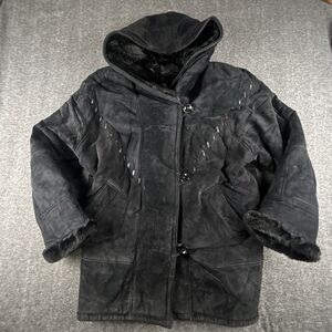 Gallery Genuine Suede Leather Coat Womens Sz M Black Faux Fur Lining & Trim Warm